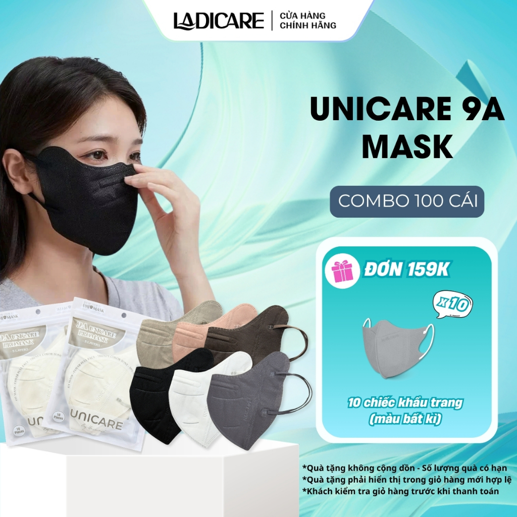 UNICARE Khẩu trang 9A UNI 5 lớp cao cấp kháng khuẩn, ngăn chặn tia UV tuyệt đối, dây đeo thoải mái, hàng chính hãng