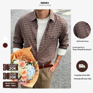 Áo Sơ Mi Nam Kẻ Caro Tay Dài Form Rộng Màu Nâu Cafe Dễ Phối Đồ Caro Brown Shirt MODMEN