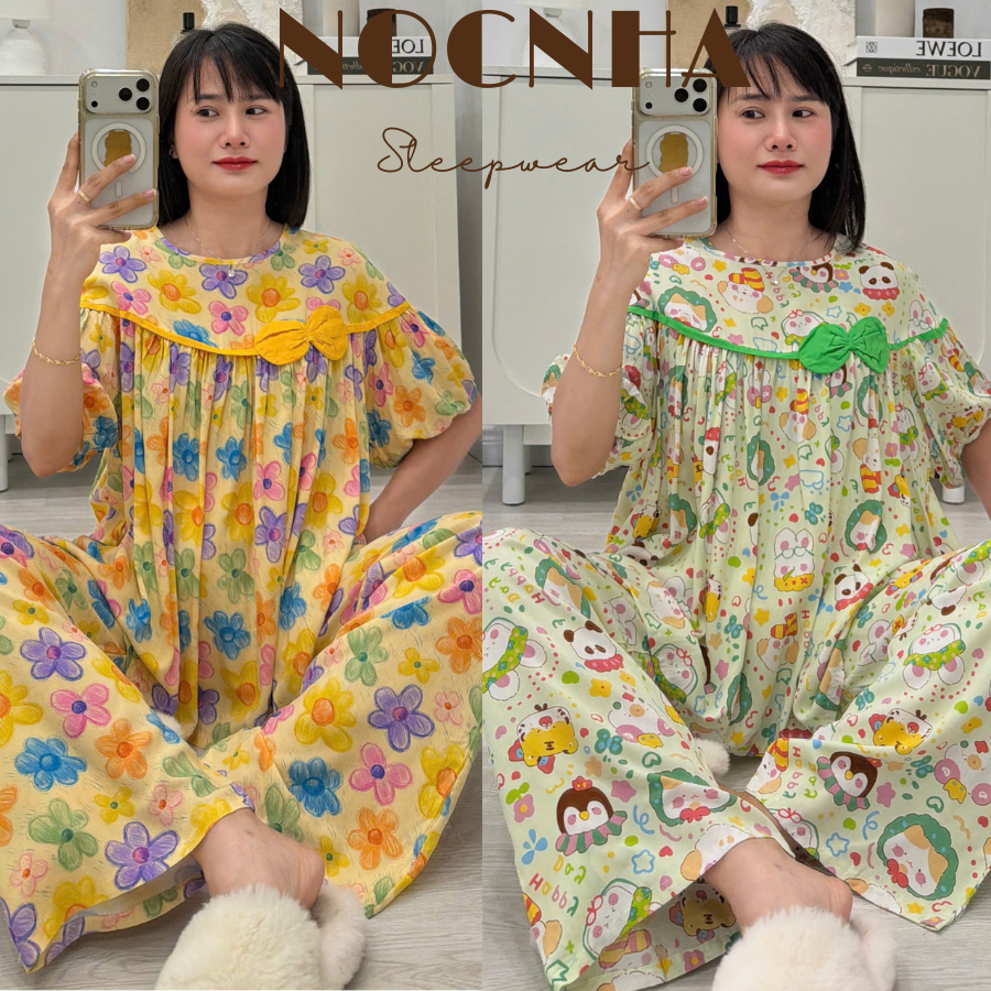 (43-98kg) Bộ tole babydoll quần suông, áo đính nơ, hàng thiết kế FORM TO - Nocnhamacdobo