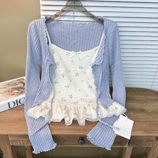 Set Áo Nữ Hoa Nhí Phối Cardigan Len Mỏng Áo Hai Dây Bèo Ren Phong Cách Tiểu Thư Hàn Quốc Mặc Đi Chơi Cực Xinh