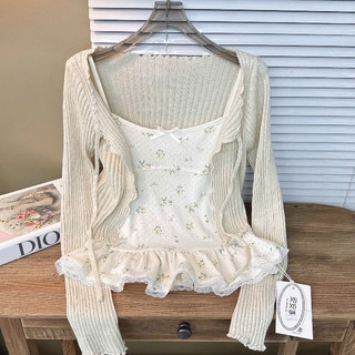 Set Áo Nữ Hoa Nhí Phối Cardigan Len Mỏng Áo Hai Dây Bèo Ren Phong Cách Tiểu Thư Hàn Quốc Mặc Đi Chơi Cực Xinh