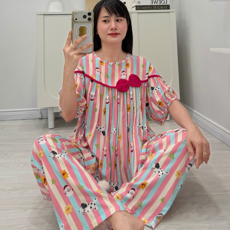 (43-98kg) Bộ tole babydoll quần suông, áo đính nơ, hàng thiết kế FORM TO - Nocnhamacdobo