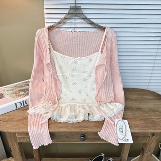 Set Áo Nữ Hoa Nhí Phối Cardigan Len Mỏng Áo Hai Dây Bèo Ren Phong Cách Tiểu Thư Hàn Quốc Mặc Đi Chơi Cực Xinh