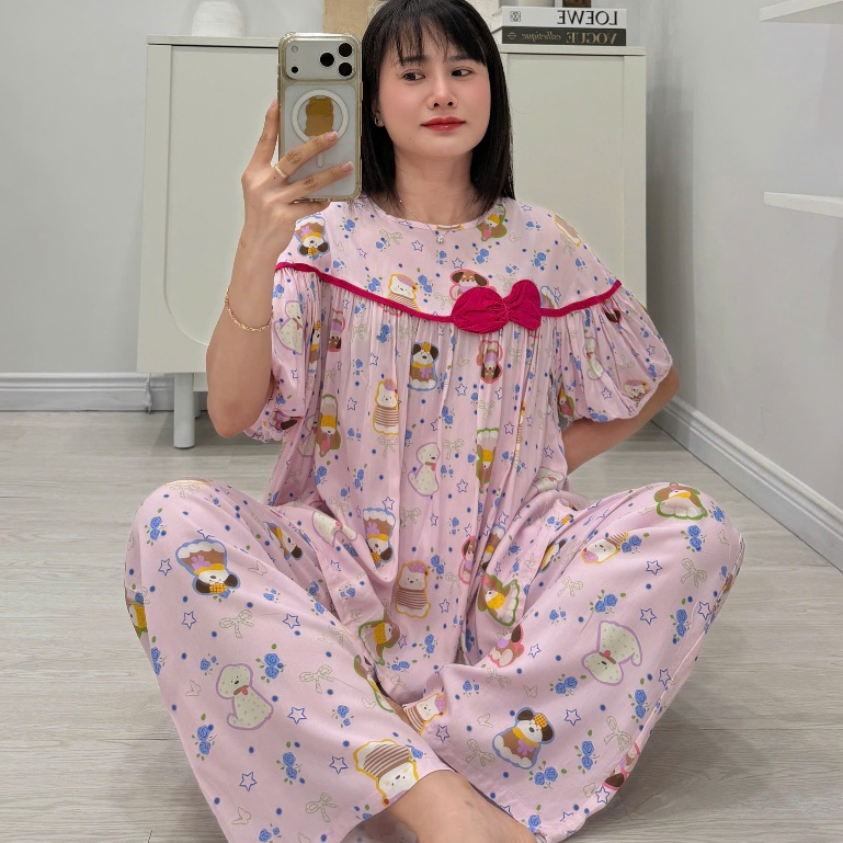 (43-98kg) Bộ tole babydoll quần suông, áo đính nơ, hàng thiết kế FORM TO - Nocnhamacdobo
