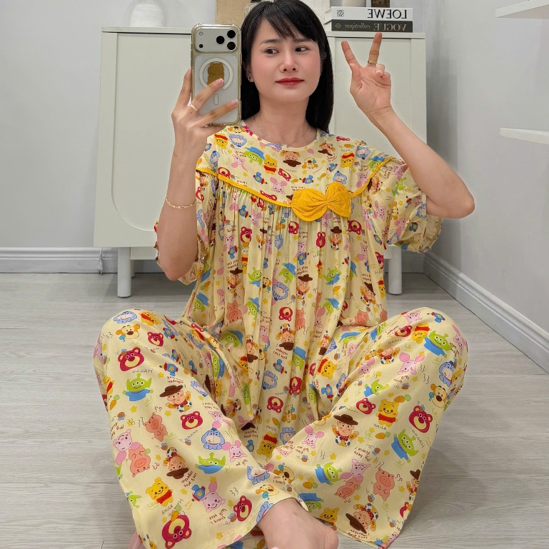 (43-98kg) Bộ tole babydoll quần suông, áo đính nơ, hàng thiết kế FORM TO - Nocnhamacdobo
