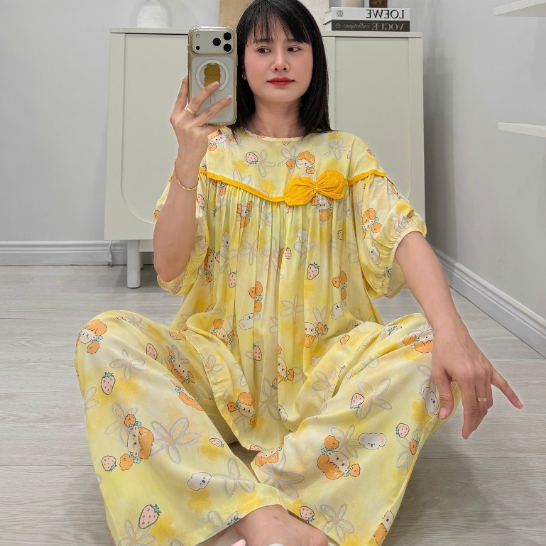 (43-98kg) Bộ tole babydoll quần suông, áo đính nơ, hàng thiết kế FORM TO - Nocnhamacdobo