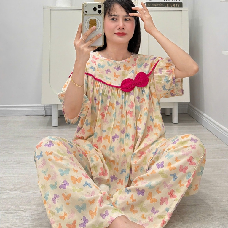 (43-98kg) Bộ tole babydoll quần suông, áo đính nơ, hàng thiết kế FORM TO - Nocnhamacdobo