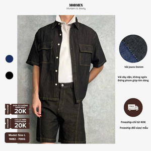 Set Jean Nam Áo Sơ Mi Tay Ngắn Và Quần Short Denim Form Rộng Vintage Hàn Quốc Urban Denim Set Cao Cấp MODMEN