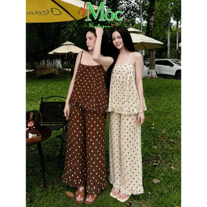Set công sở, Set thiết kế chất Đũi Vân Mây áo 2s chấm bi phối bèo mix quần suông chân bèo_AXT