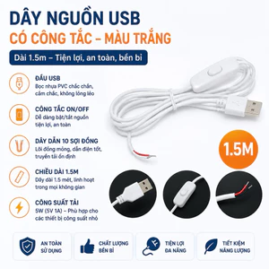 Combo 20 Dây Nguồn USB Có Công Tắc ON/OFF 1.5M Màu Trắng – Cáp USB 5V 1A Điều Khiển Nguồn Cho Đèn LED, Quạt Mini