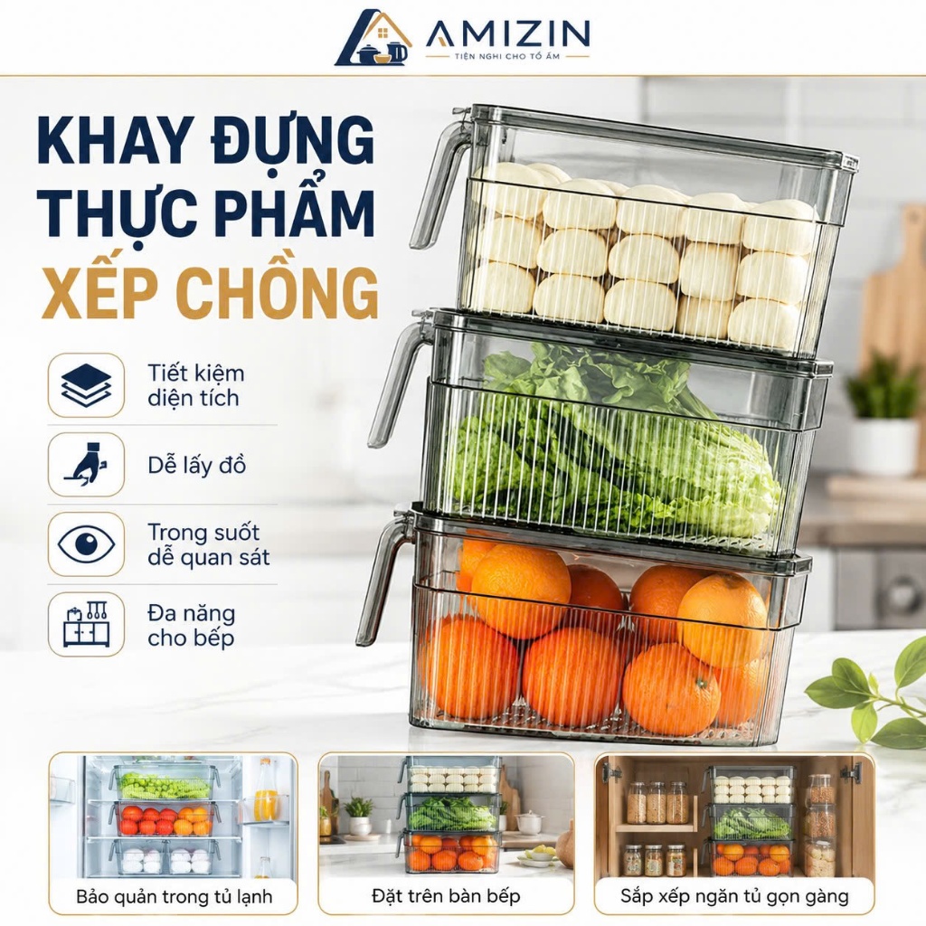 {Sét 3 hộp} Hộp đựng thực phẩm để tủ lạnh có tay cầm .hộp có đáy tách nước dung tích 4,2 lít AMIZIN