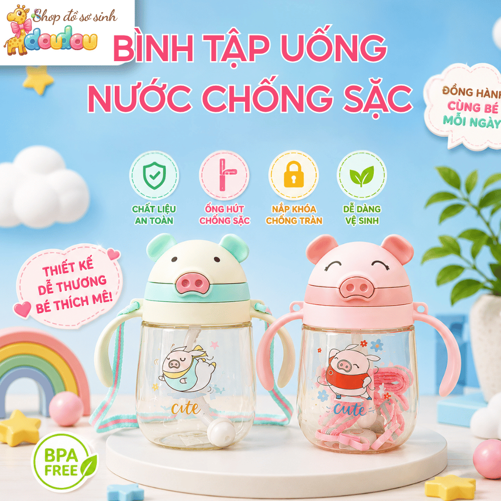 Bình Tập Uống Nước Cho Bé DouDou 280ml Ống Hút Silicon Mềm Có Van Chống Sặc, Chất Liệu An Toàn A15