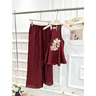 Sét áo lụa cổ yếm thêu “Thỏ hoa mi chổi” + quần xuông lụa #26287