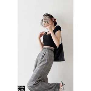 Quần culottes ống rộng cạp cao 1 màu kẻ nâu tây A2441