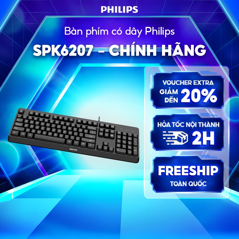 Bàn phím có dây Philips SPK6207 Chính Hãng – Phím cơ hành trình ngắn, gõ êm, bền bỉ cho máy tính