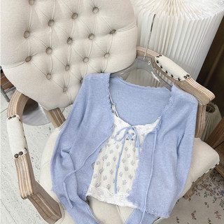 Set Cardigan Len Gân Mỏng Kèm Áo Hai Dây Hoa Thêu Phối Ren Thắt Nơ Nữ Phong Cách Hàn Quốc Dịu Dàng Tiểu Thư