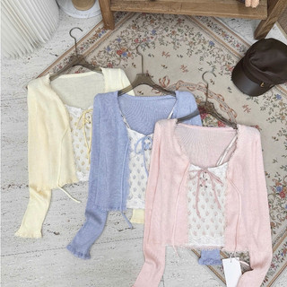 Set Cardigan Len Gân Mỏng Kèm Áo Hai Dây Hoa Thêu Phối Ren Thắt Nơ Nữ Phong Cách Hàn Quốc Dịu Dàng Tiểu Thư