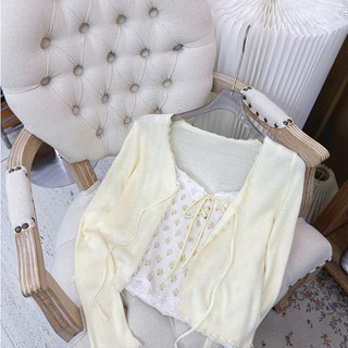 Set Cardigan Len Gân Mỏng Kèm Áo Hai Dây Hoa Thêu Phối Ren Thắt Nơ Nữ Phong Cách Hàn Quốc Dịu Dàng Tiểu Thư