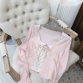 Set Cardigan Len Gân Mỏng Kèm Áo Hai Dây Hoa Thêu Phối Ren Thắt Nơ Nữ Phong Cách Hàn Quốc Dịu Dàng Tiểu Thư