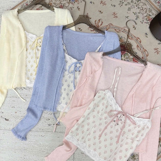 Set Cardigan Len Gân Mỏng Kèm Áo Hai Dây Hoa Thêu Phối Ren Thắt Nơ Nữ Phong Cách Hàn Quốc Dịu Dàng Tiểu Thư