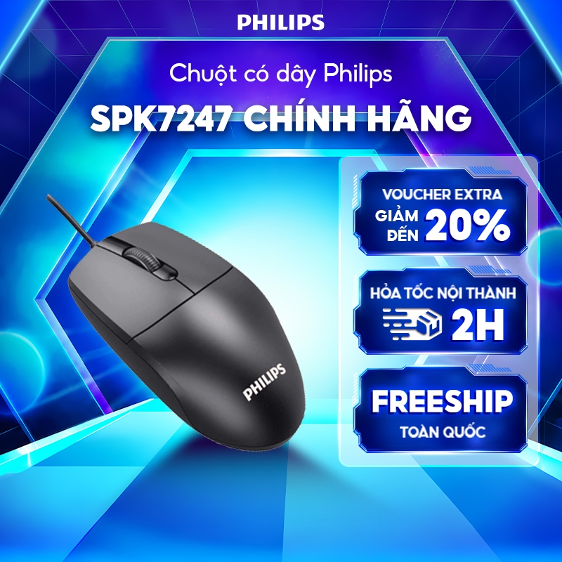 Chuột có dây Philips SPK7247 Chính Hãng – Độ nhạy 1200 DPI, dây bền chắc, thiết kế vừa tay