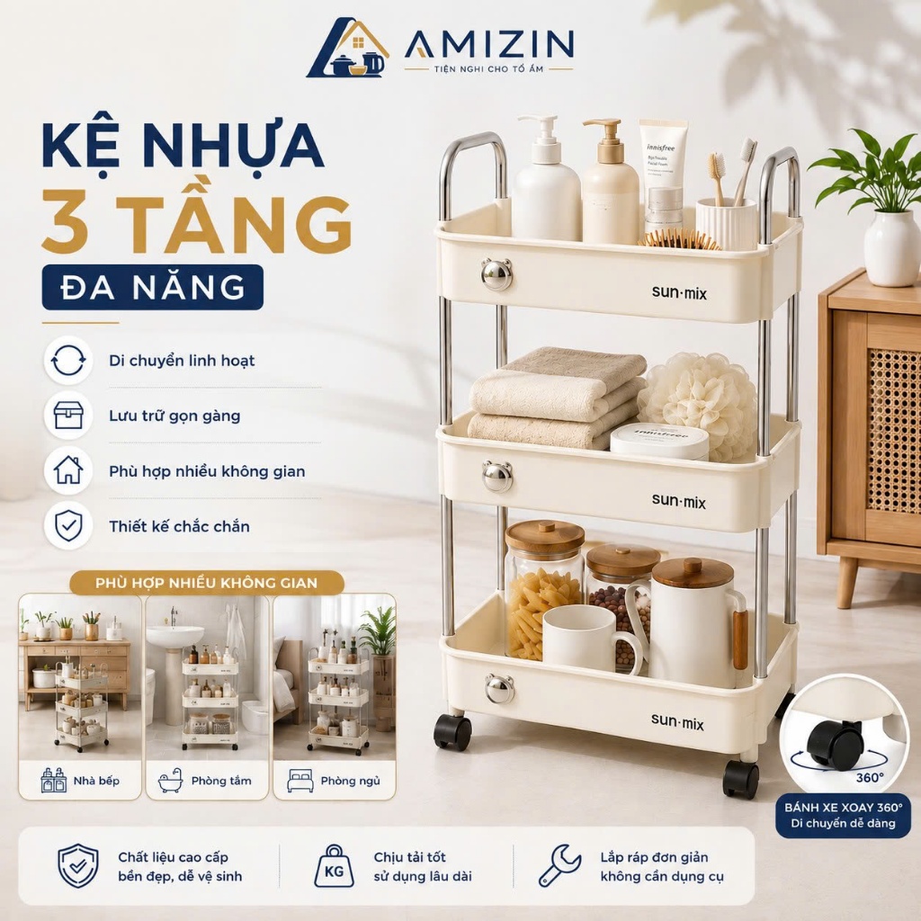 Kệ để đựng đồ đa năng (loại 1 ) Kệ bếp 3 - 4 tầng có bánh xe