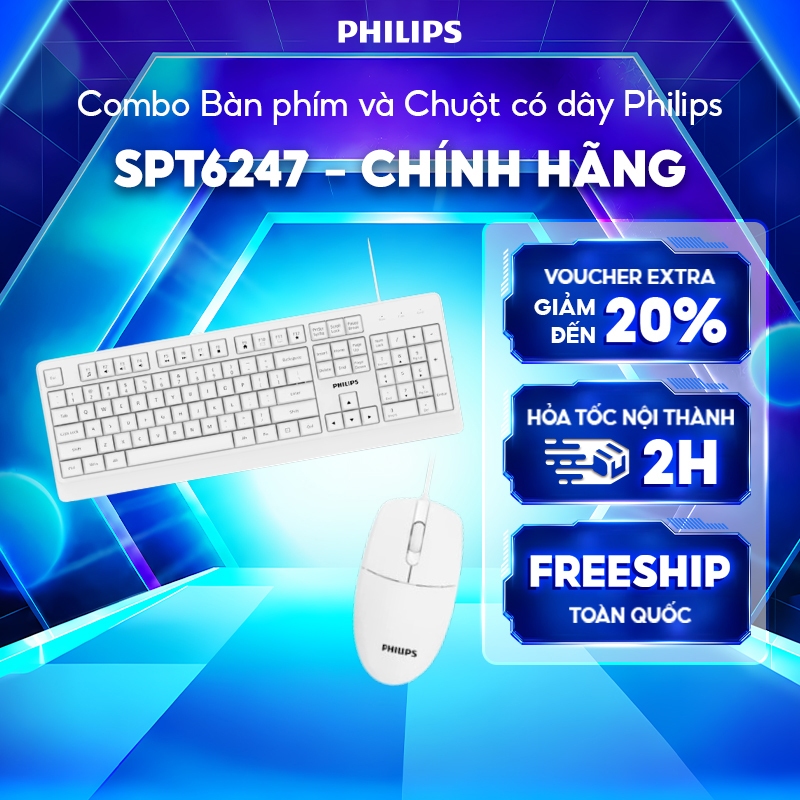 Combo bàn phím và chuột có dây Philips SPT6247 Chính Hãng – Kết nối USB tiện dụng, phím êm