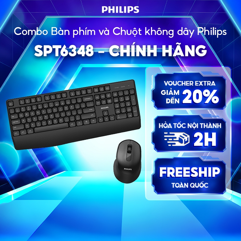 Combo Bàn phím và Chuột không dây Philips SPT6348 Chính hãng - Gọn nhẹ, êm ái, kết nối ổn định