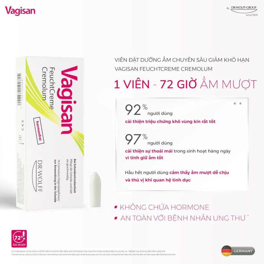 Viên đặt dưỡng ẩm 16 viên Vagisan FeuchtCreme Cremolum hỗ trợ giảm khô hạn dành cho phụ nữ 16 viên/hộp