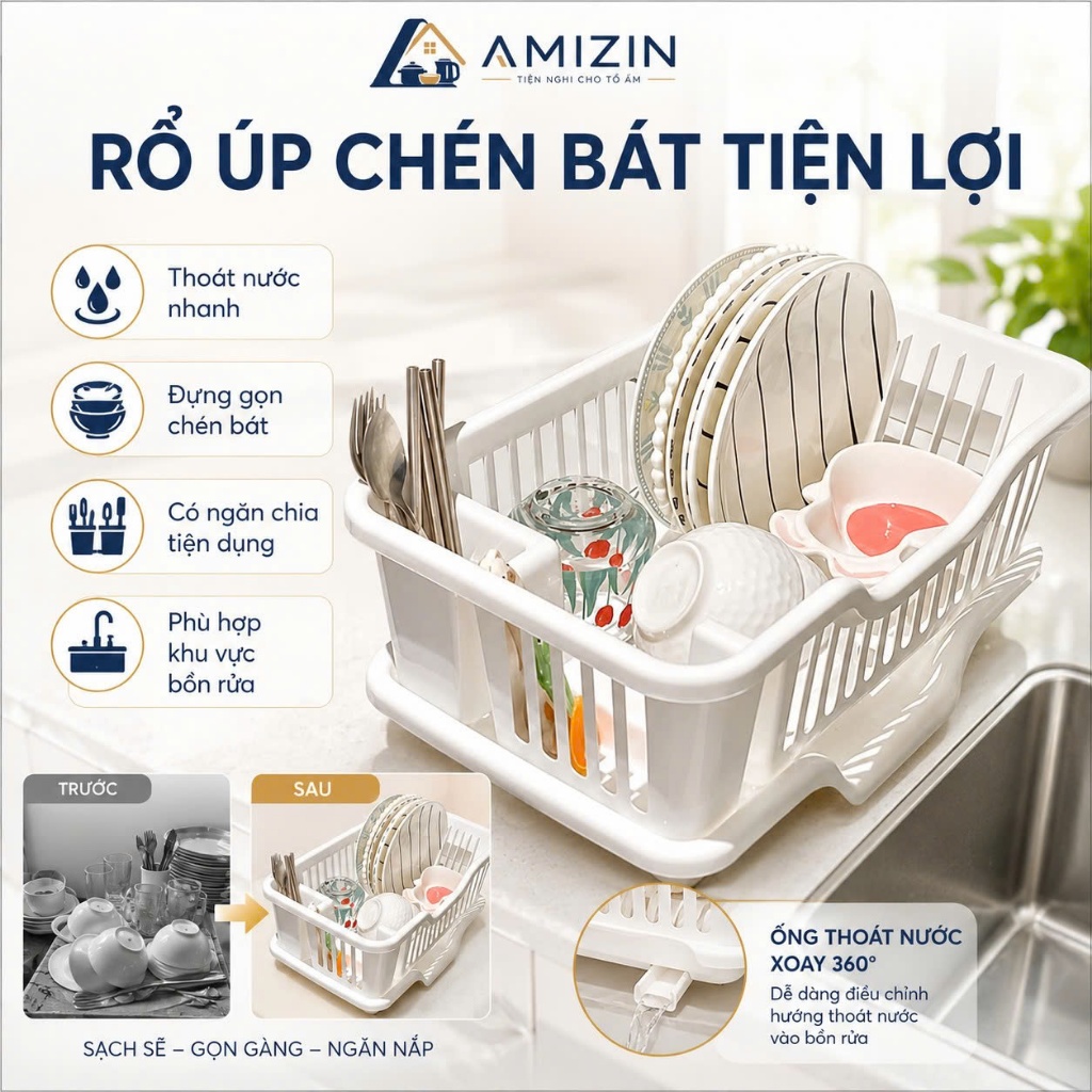Rổ úp bát kèm khay hứng thoát nước, Giá úp bát thoát nước đa năng