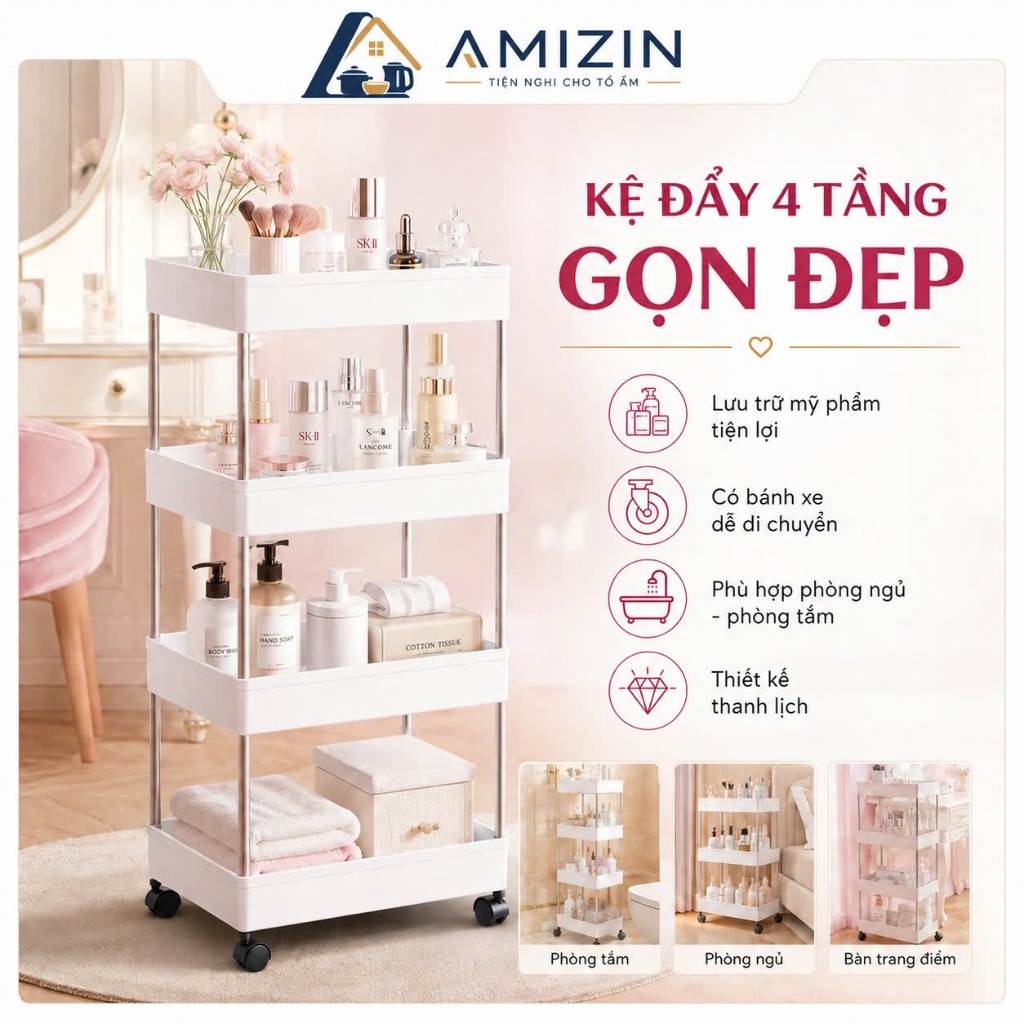 Kệ đựng đồ đa năng 3 tầng,4 tầng có bánh xe đẩy chuyên dụng cho spa, phòng tắm, bếp chất liệu inox cao cấp 12