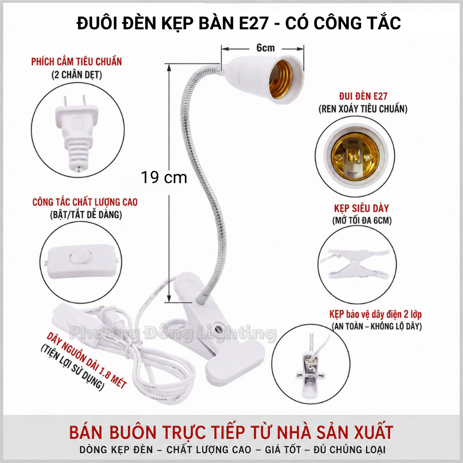 Chuôi đèn Đuôi đèn kẹp bàn E27 thân lò xo uốn dẻo điều chỉnh linh hoạt có công tắc tiện dụng