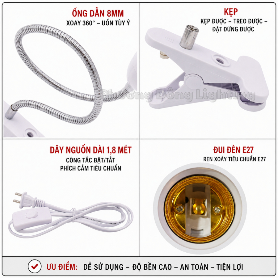 Chuôi đèn Đuôi đèn kẹp bàn E27 thân lò xo uốn dẻo điều chỉnh linh hoạt có công tắc tiện dụng