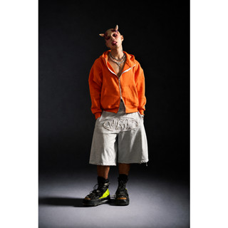 Hoodie Zip Màu Cam Neli UMS Vải Nỉ Họa Tiết Sọc Thể Thao Thời Trang Unisex Crop Form Boxy