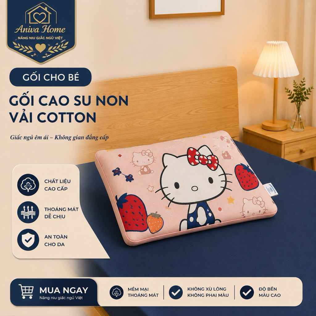 Gối nằm cho bé Aniva Home cotton cao su non, thiết kế ôm đầu cổ, êm ái, thoáng mát, bảo vệ giấc ngủ