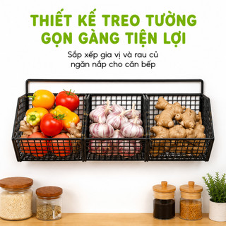 Kệ Gia Vị 3 Ngăn 2 Tầng Nhà Bếp Để Hành Tỏi GD57 - Kệ Giỏ Lưới 3 Ngăn Đựng Hành Tỏi Dán Tường GD58