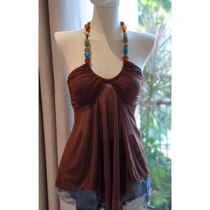 Áo Yếm Nữ Y2K Boho Vintage Nâu – Tank Top Babydoll Dáng Xòe Đính Hạt, Nhún Ngực, Buộc Dây Sexy Đi Biển