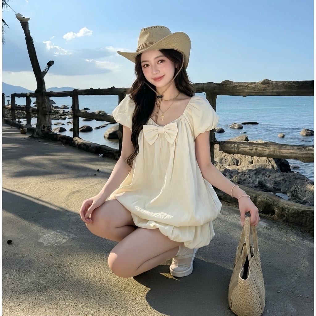 (KÈM CHÂN VÁY BÍ) Set Áo kiểu nữ S244 chất gió hàn họa tiết babydoll dáng bí phồng kèm nơ tiểu thư ngắn tay form rộng | BigBuy360 - bigbuy360.vn