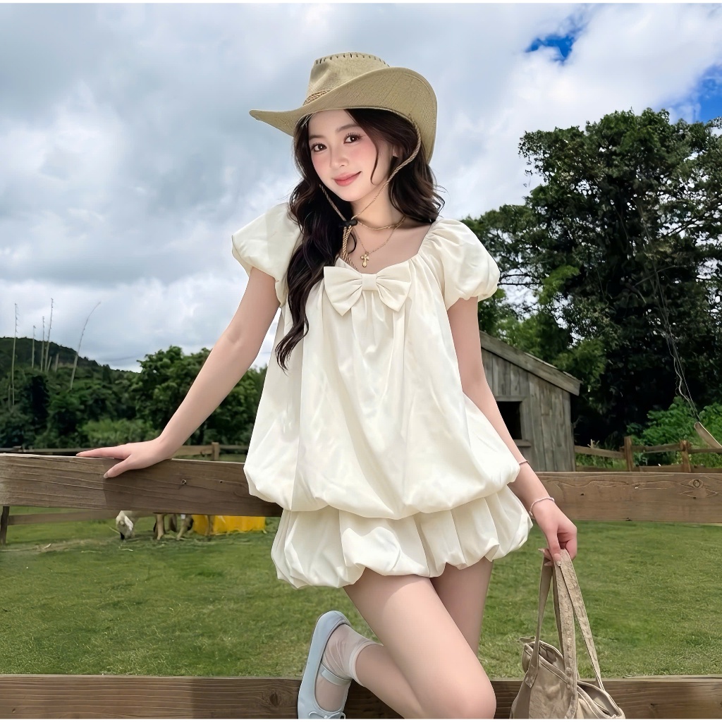 (KÈM CHÂN VÁY BÍ) Set Áo kiểu nữ S244 chất gió hàn họa tiết babydoll dáng bí phồng kèm nơ tiểu thư ngắn tay form rộng | BigBuy360 - bigbuy360.vn