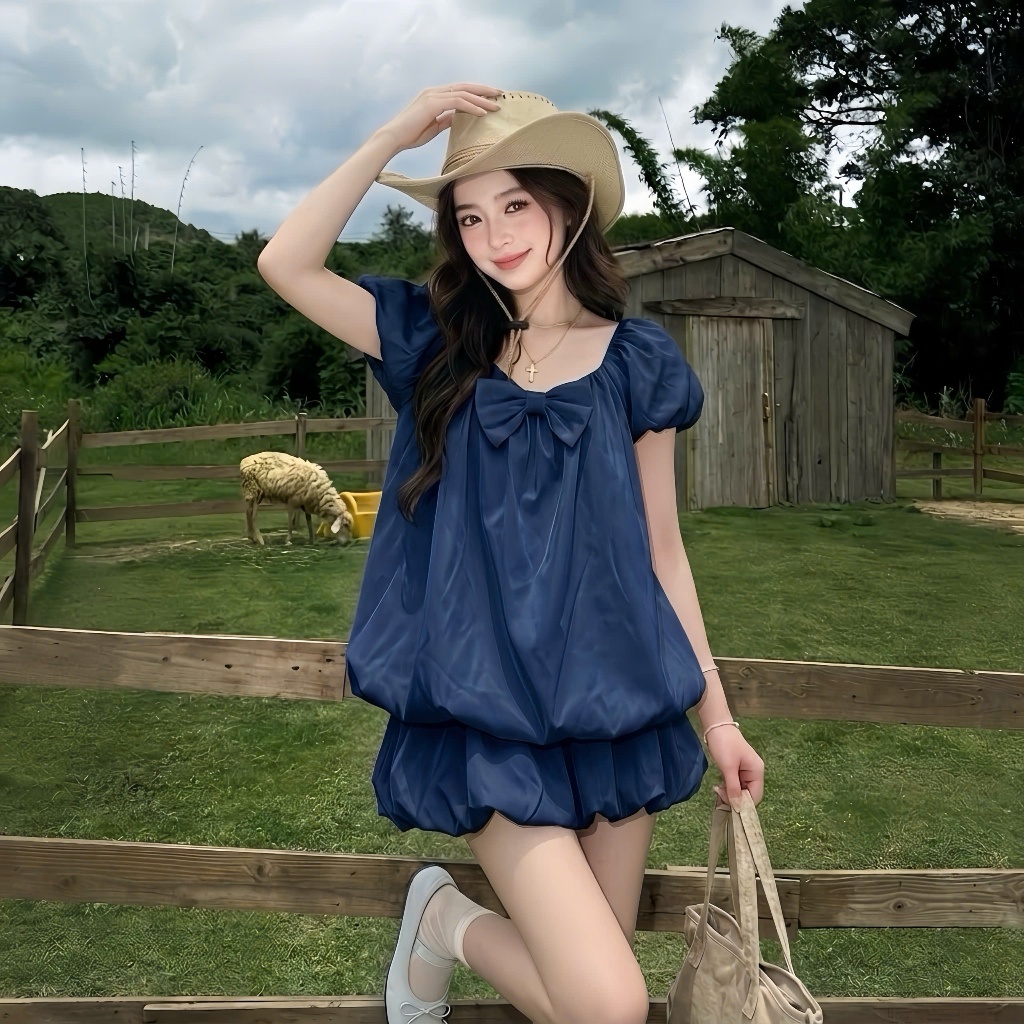 (KÈM CHÂN VÁY BÍ) Set Áo kiểu nữ S244 chất gió hàn họa tiết babydoll dáng bí phồng kèm nơ tiểu thư ngắn tay form rộng | BigBuy360 - bigbuy360.vn
