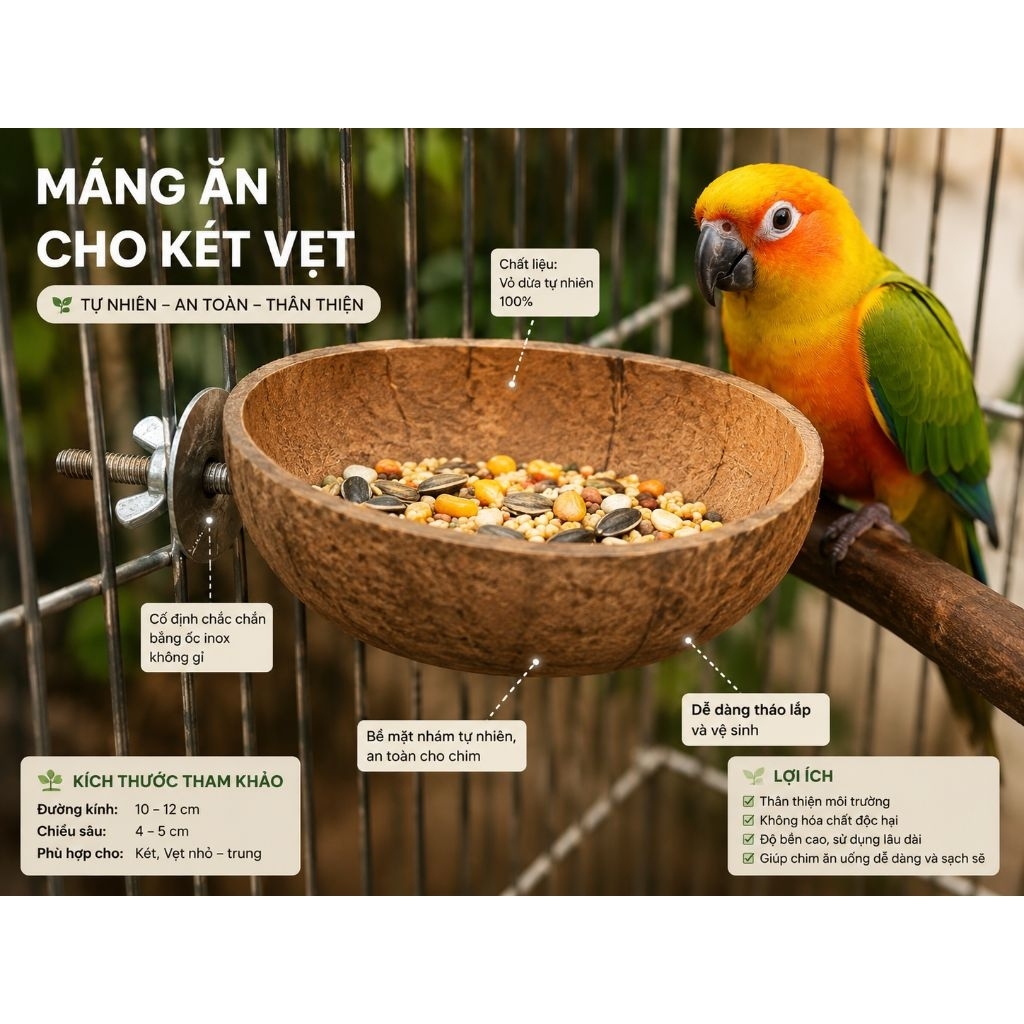 Gáo dừa dùng làm máng ăn cho két, vẹt...ã qua xử lý phần xơ dừa