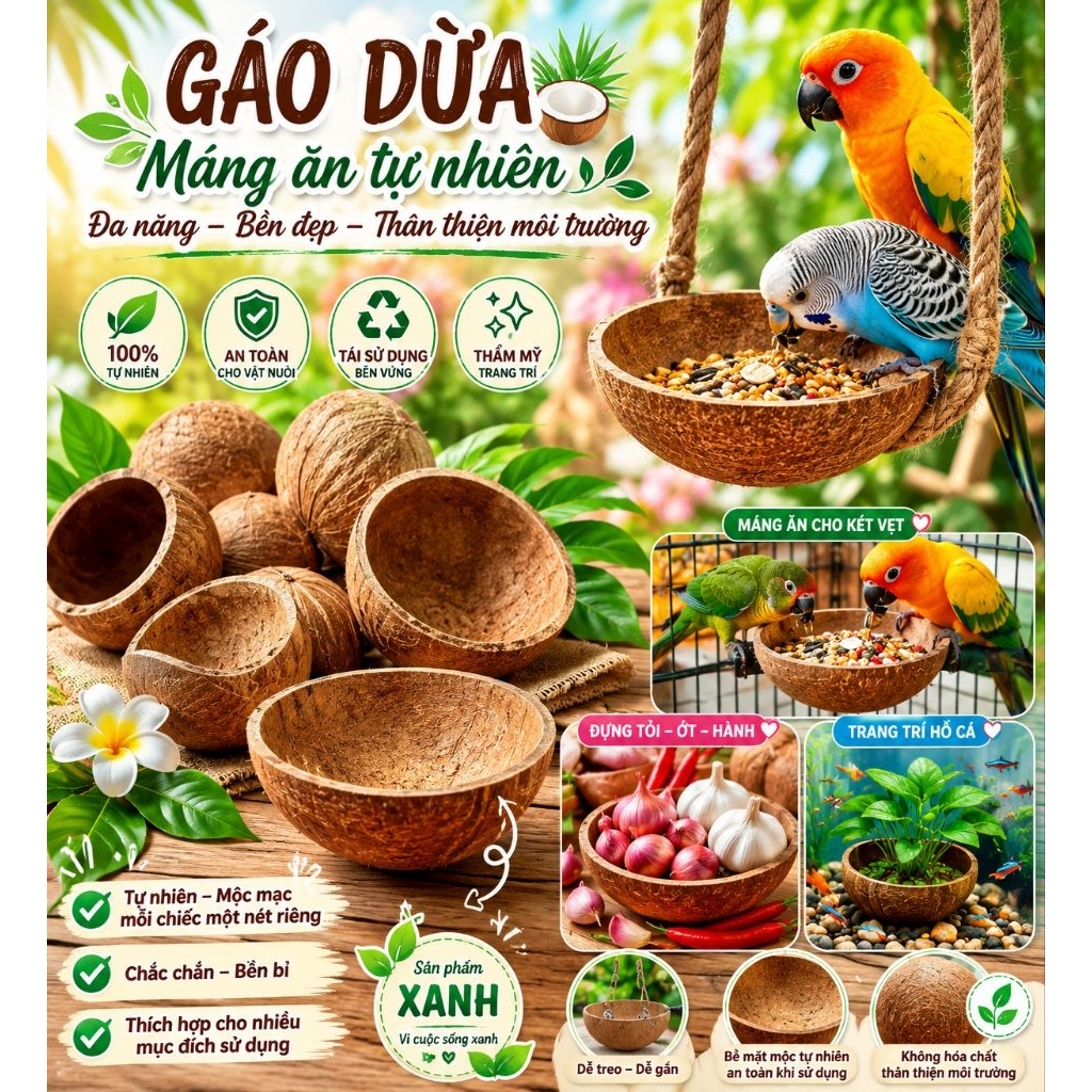 Gáo dừa dùng làm máng ăn cho két, vẹt...ã qua xử lý phần xơ dừa