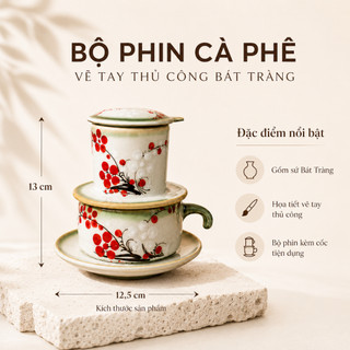 Bộ phin pha cà phê men vẽ kèm cốc nhiều họa tiết thủ công để pha coffee - Gốm sứ Bát Tràng - Gốm Việt