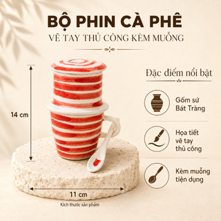 Bộ phin cà phê vẽ tay thủ công kèm muỗng gốm sứ Bát Tràng, quà tặng ý nghĩa - Gốm Việt Pottery