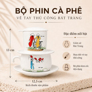 Bộ phin pha cà phê men vẽ cô gái với tà áo dài Việt Nam để pha coffee - Quà tặng truyền thống cao cấp - Gốm Việt