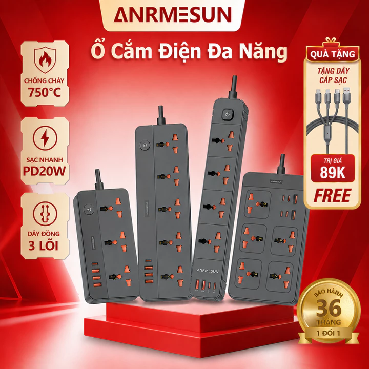 Ổ Cắm Điện Đa Năng ANRMESUN Thông Minh Chống Cháy Chống Sét 2500W USB Type-C Sạc Nhanh 20W An Toàn 3 Lõi Đồng Cầu Chì 2M