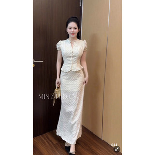 Set Áo Tay Hến Chấm Bi Chun Eo Mix Chân Váy A Dài Thaoxinh