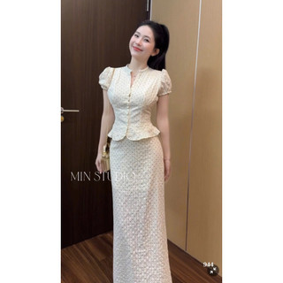 Set Áo Tay Hến Chấm Bi Chun Eo Mix Chân Váy A Dài Thaoxinh