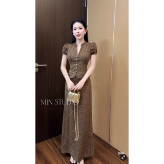 Set Áo Tay Hến Chấm Bi Chun Eo Mix Chân Váy A Dài Thaoxinh