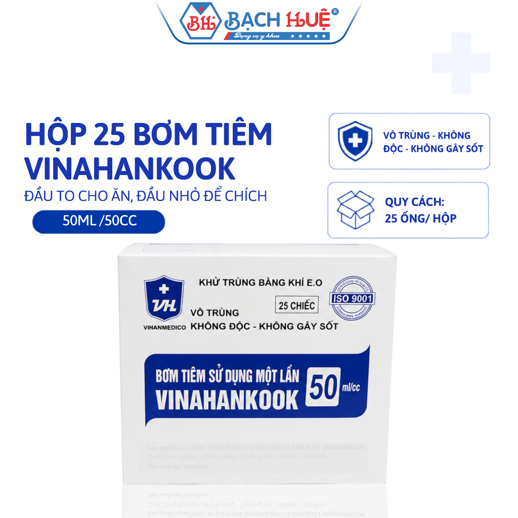 Hộp 25 Cái Bơm Tiêm 50ml (50cc) Vinahankook – Xi Lanh Y Tế Đầu To Cho Ăn/ Đầu Nhỏ Tiêm Chích Cao Cấp